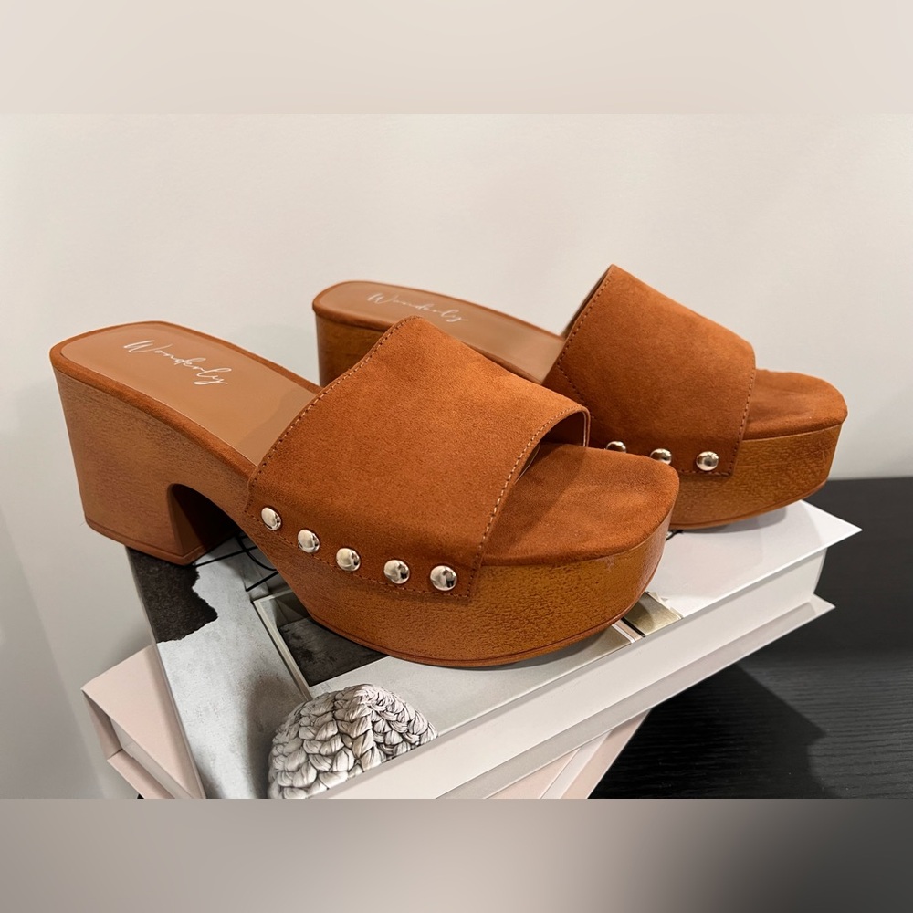 Wonderly Tan Suede Mules with Silver Studs
